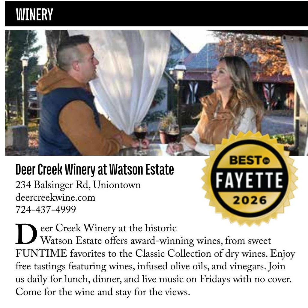 Deer Creek Winery at Watson Estate featured as the Best in Fayette 2026 Gold winner for Winery in the Best in Fayette 2026–2027 magazine