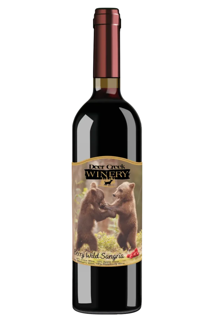 Berry Wild Sangria semi-sweet berry sangria wine bottle with two bear cubs label, Deer Creek Winery
