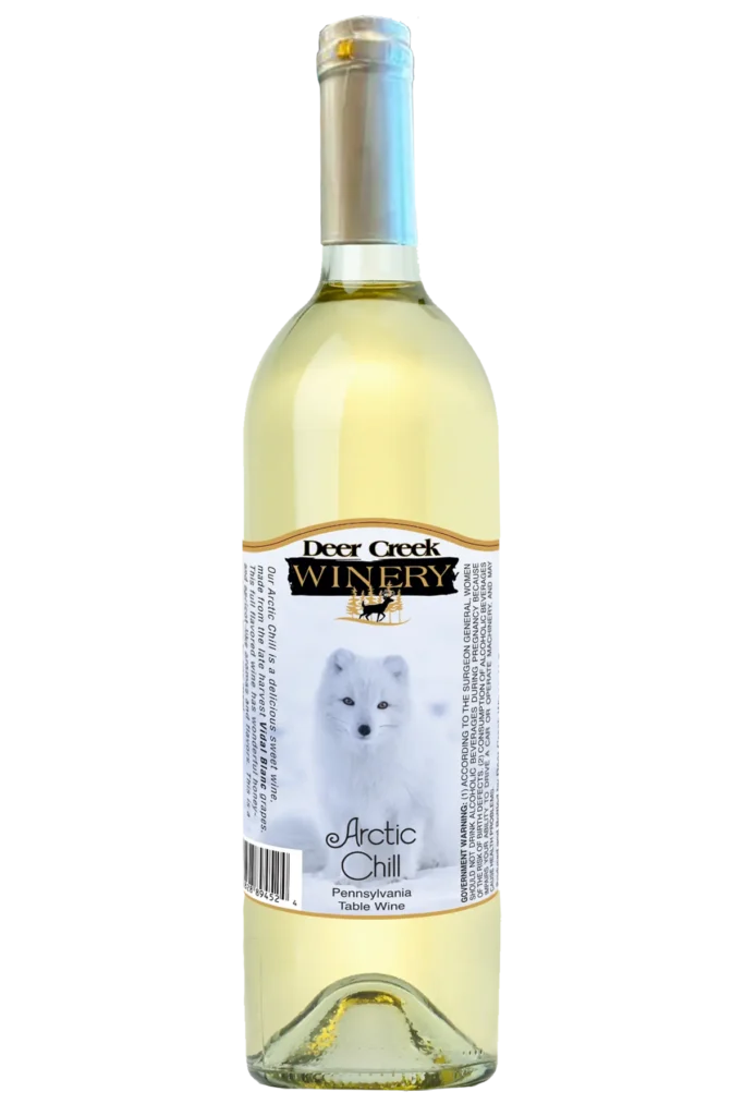 Arctic Chill sweet late-harvest Vidal Blanc dessert wine bottle with arctic fox label, Deer Creek Winery