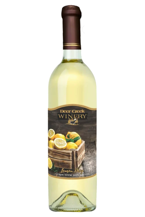 Lemon Drop Sauvignon Blanc sweet white wine from Deer Creek Winery Bottle of Lemon Drop wine with lemon label artwork Sweet white Sauvignon Blanc from Pennsylvania winery
