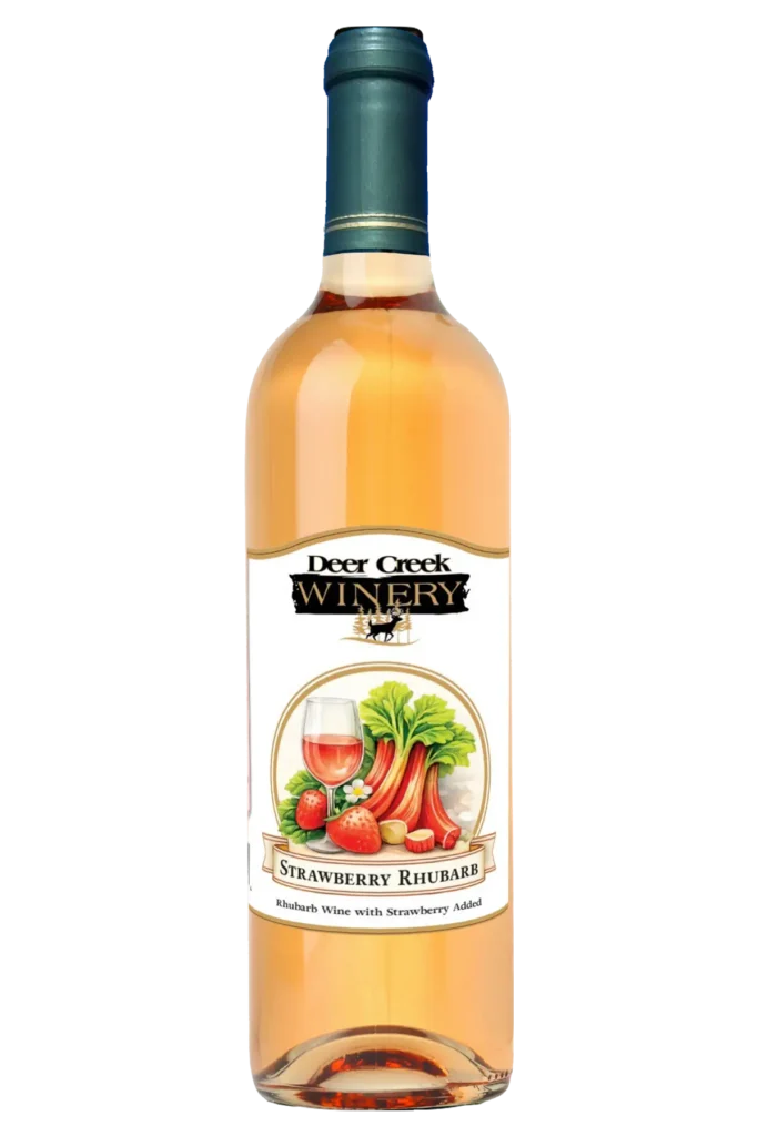Strawberry Rhubarb sweet fruit wine bottle from Deer Creek Winery with strawberry and rhubarb label