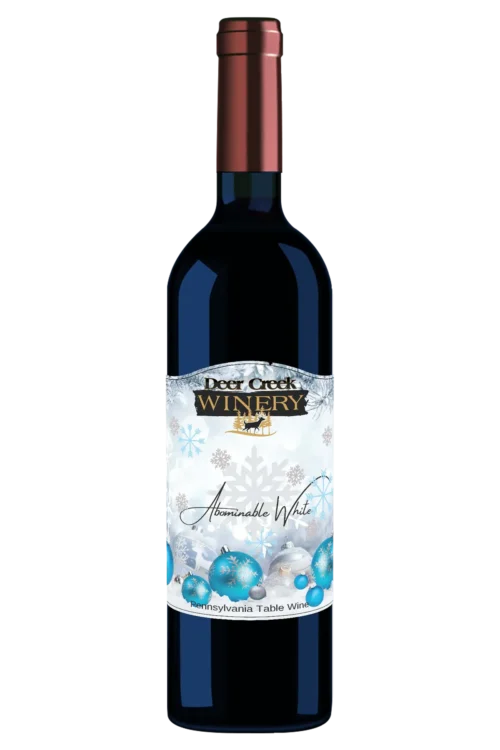 Bottle of Deer Creek Winery Abominable White holiday wine with snowy blue label