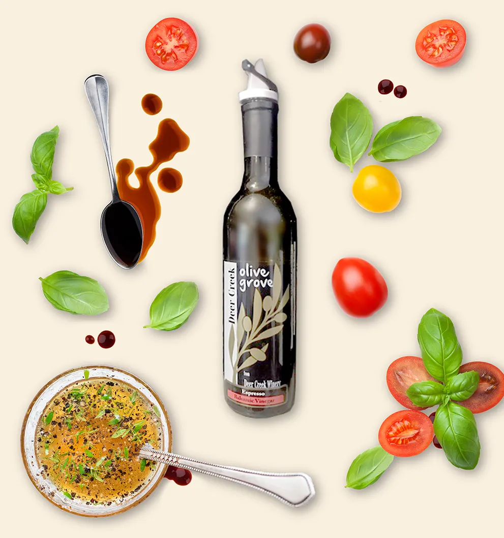 Deer Creek Winery Homepage Deer Creek Olive Grove Espresso Balsamic Vinegar with fresh basil, cherry tomatoes, and a signature dipping blend at Deer Creek Winery