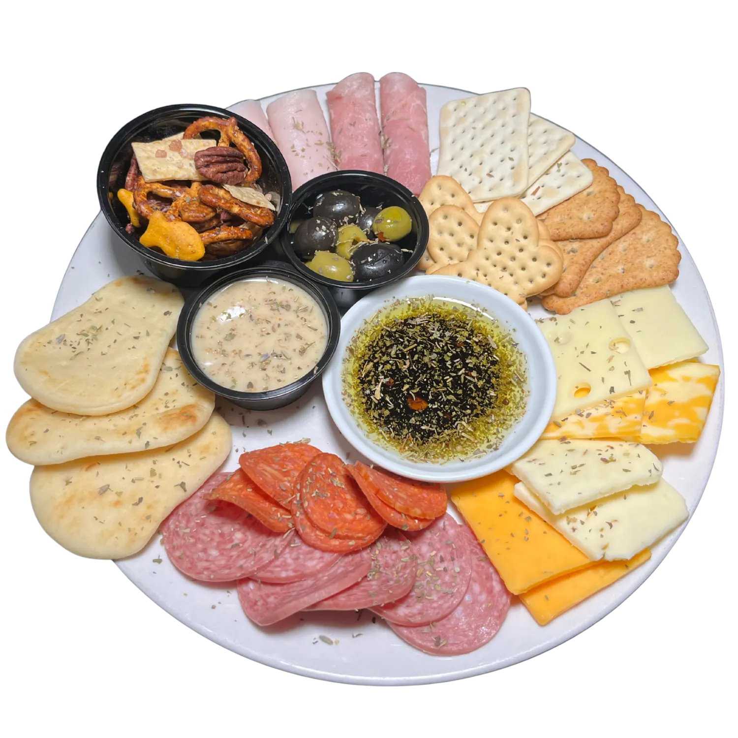 Signature Grazing Plate with four cheeses, artisan meats, olives, and signature dipping blends at Deer Creek Winery in Shippenville, PA