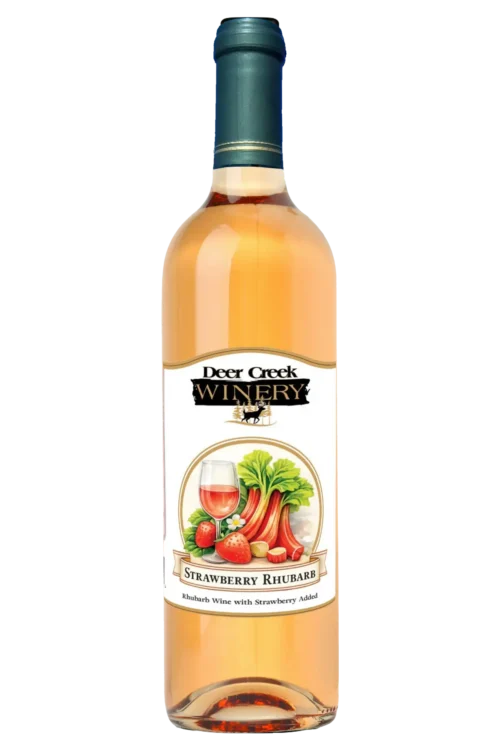 Strawberry Rhubarb sweet fruit wine bottle from Deer Creek Winery with strawberry and rhubarb label