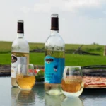 Cheese pizza paired with Deer Creek Pinot Grigio and Sail Away Sangria on the patio at the Watson Estate winery café in Uniontown, Pennsylvania