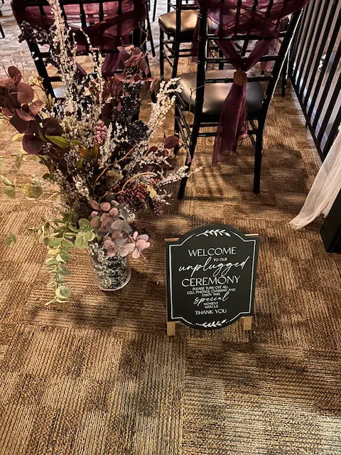 welcome sign for Wedding at The Gathering Place at The Inn Event Center at Deer Creek Winery at Brooks Estate