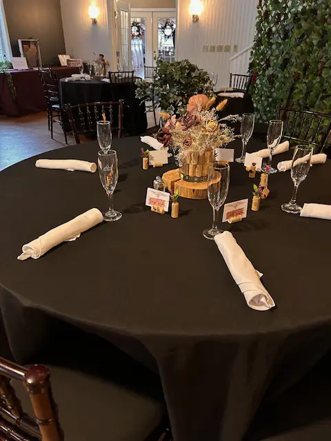 Decorated Table for Wedding at The Gathering Place at The Inn Event Center at Deer Creek Winery at Brooks Estate