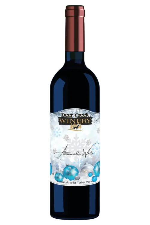 Bottle of Deer Creek Winery Abominable White holiday wine with snowy blue label