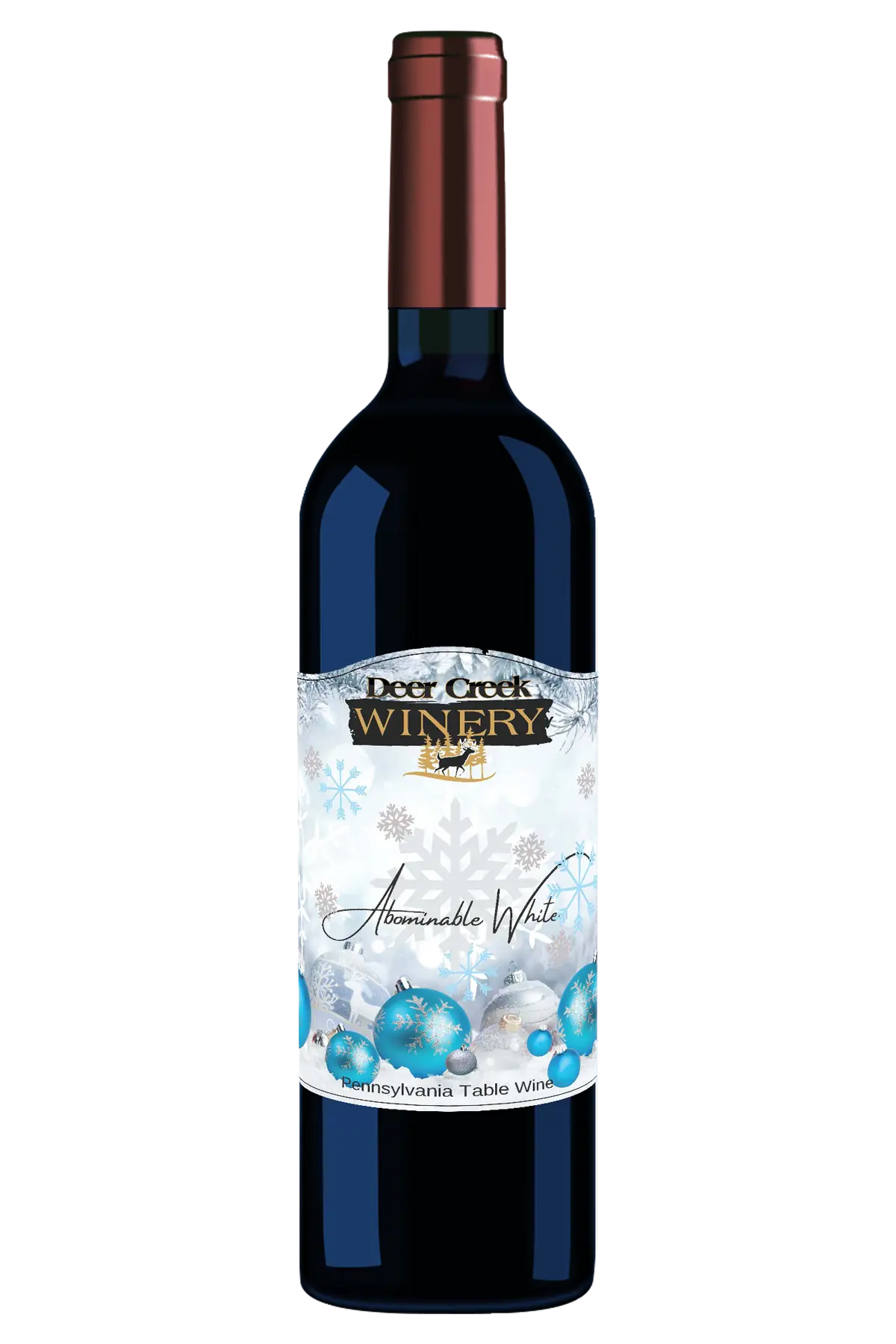 Bottle of Deer Creek Winery Abominable White holiday wine with snowy blue label