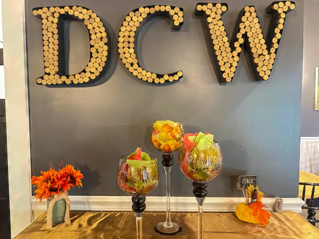 DCW letters made out of wine corks in vino's den