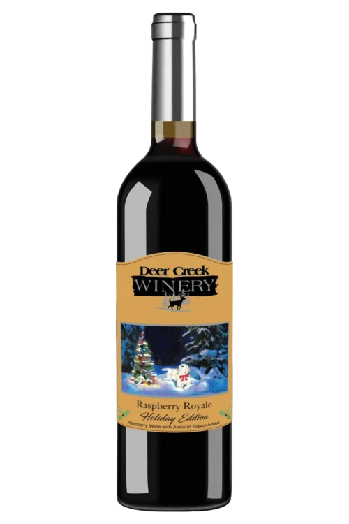 Deer Creek Winery Raspberry Royale Holiday Edition wine bottle with a golden label featuring a Christmas tree and a white dog in a snowy winter scene.