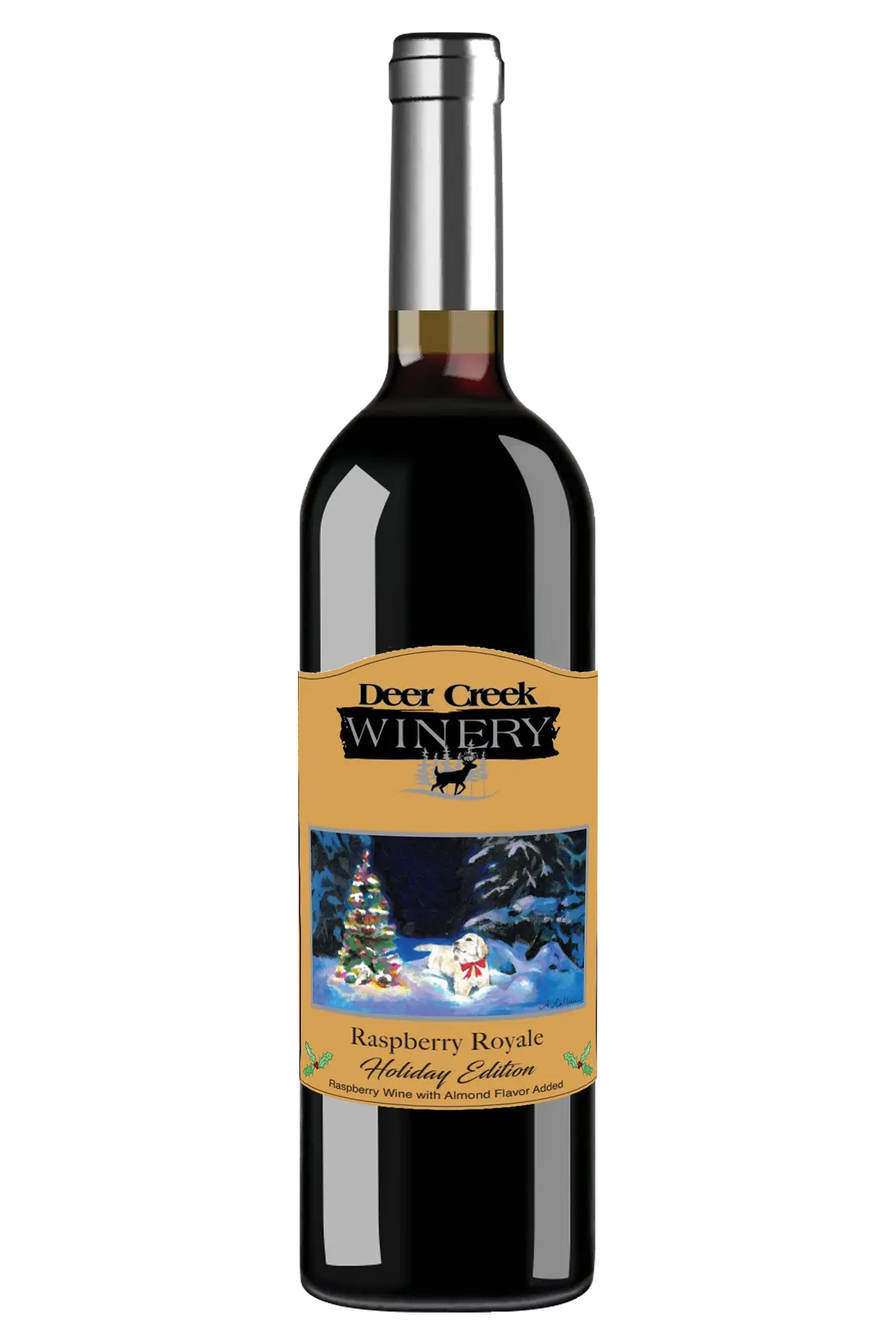 Deer Creek Winery Raspberry Royale Holiday Edition wine bottle with a golden label featuring a Christmas tree and a white dog in a snowy winter scene.