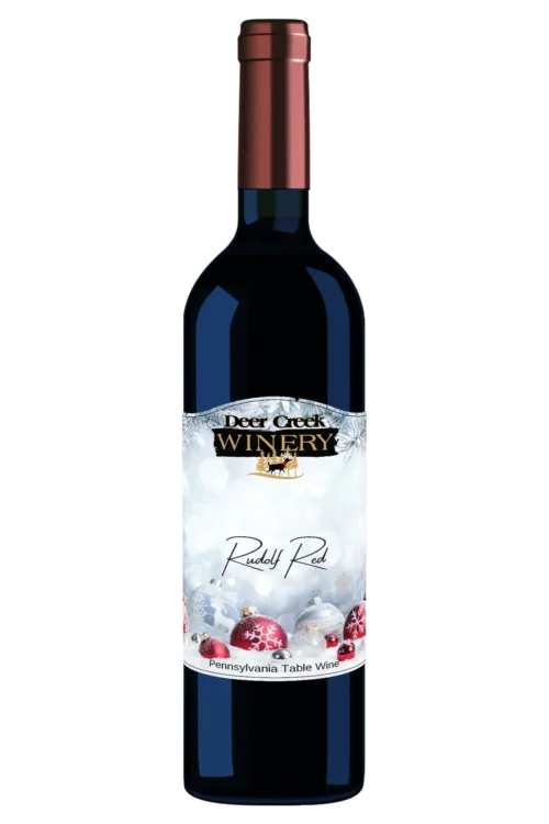Bottle of Deer Creek Winery Rudolf Red holiday wine with festive label