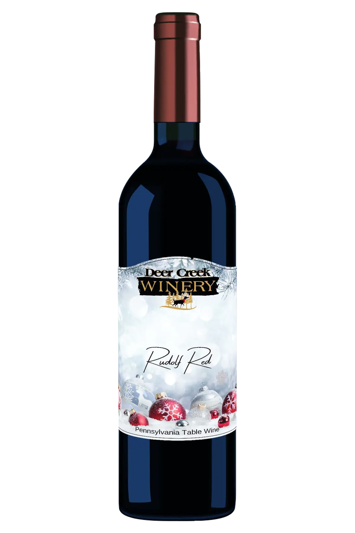 Bottle of Deer Creek Winery Rudolf Red holiday wine with festive label