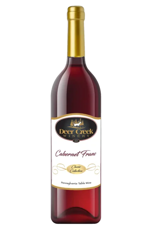 Bottle of Cabernet Franc red wine, a dry light- to medium-bodied wine with bright acidity and savory character, ideal for pairing with steak, stews, and hearty meals