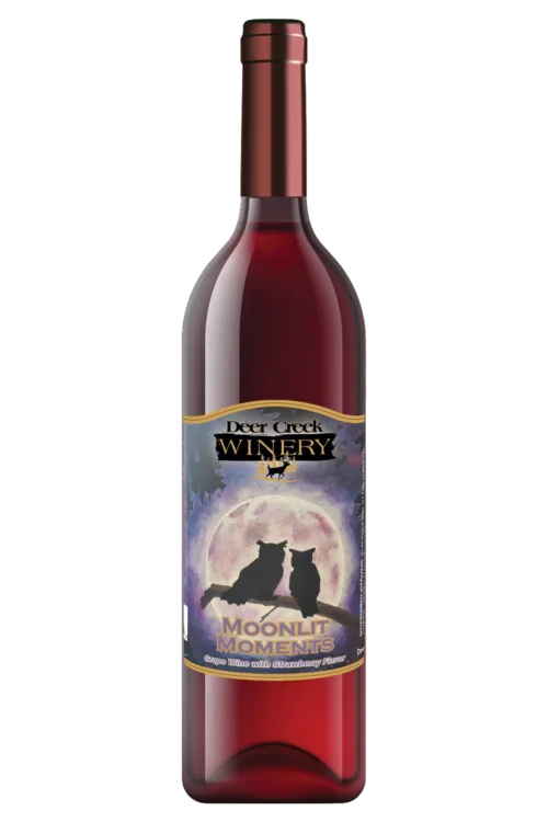 Bottle of Moonlit Moments wine from Deer Creek Winery with purple moonlit owl label