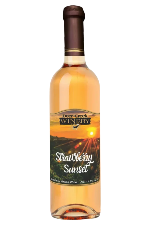 Strawberry Sunset semi-sweet strawberry wine by Deer Creek Winery with blush color and sunset vineyard label