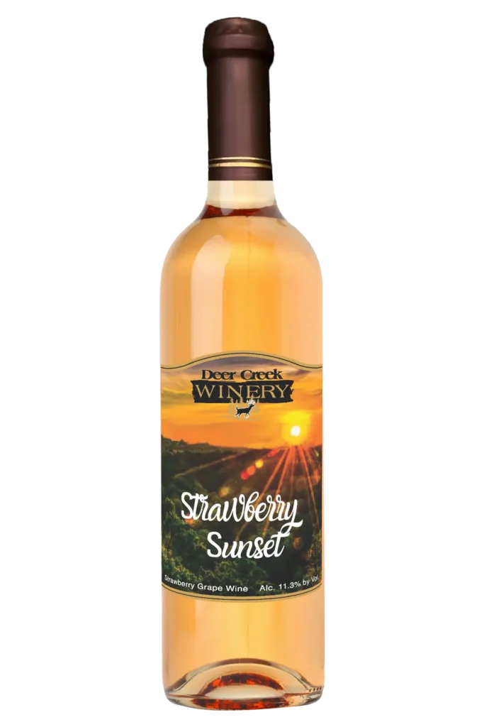 Strawberry Sunset semi-sweet strawberry wine by Deer Creek Winery with blush color and sunset vineyard label