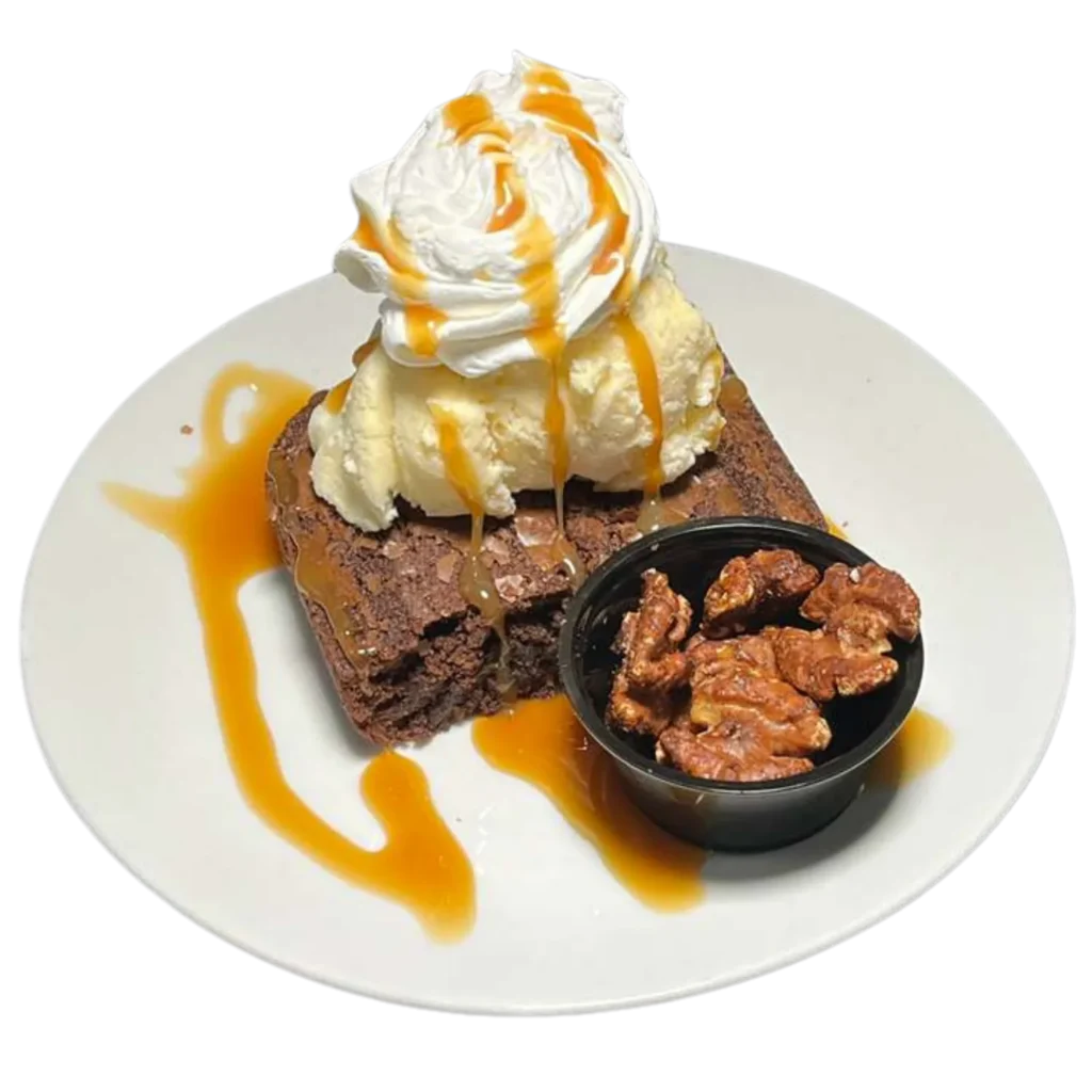 The Deer Creek Pairing Experience Black Bear Brownie dessert with ice cream and candied walnuts at Deer Creek Winery in Shippenville, PA