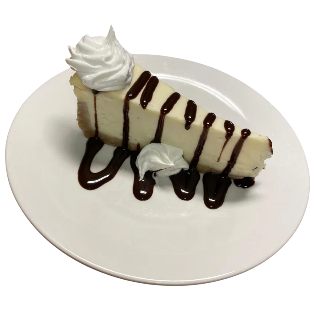 The Deer Creek Pairing Experience Classic cheesecake with chocolate sauce and whipped cream at Deer Creek Winery Café