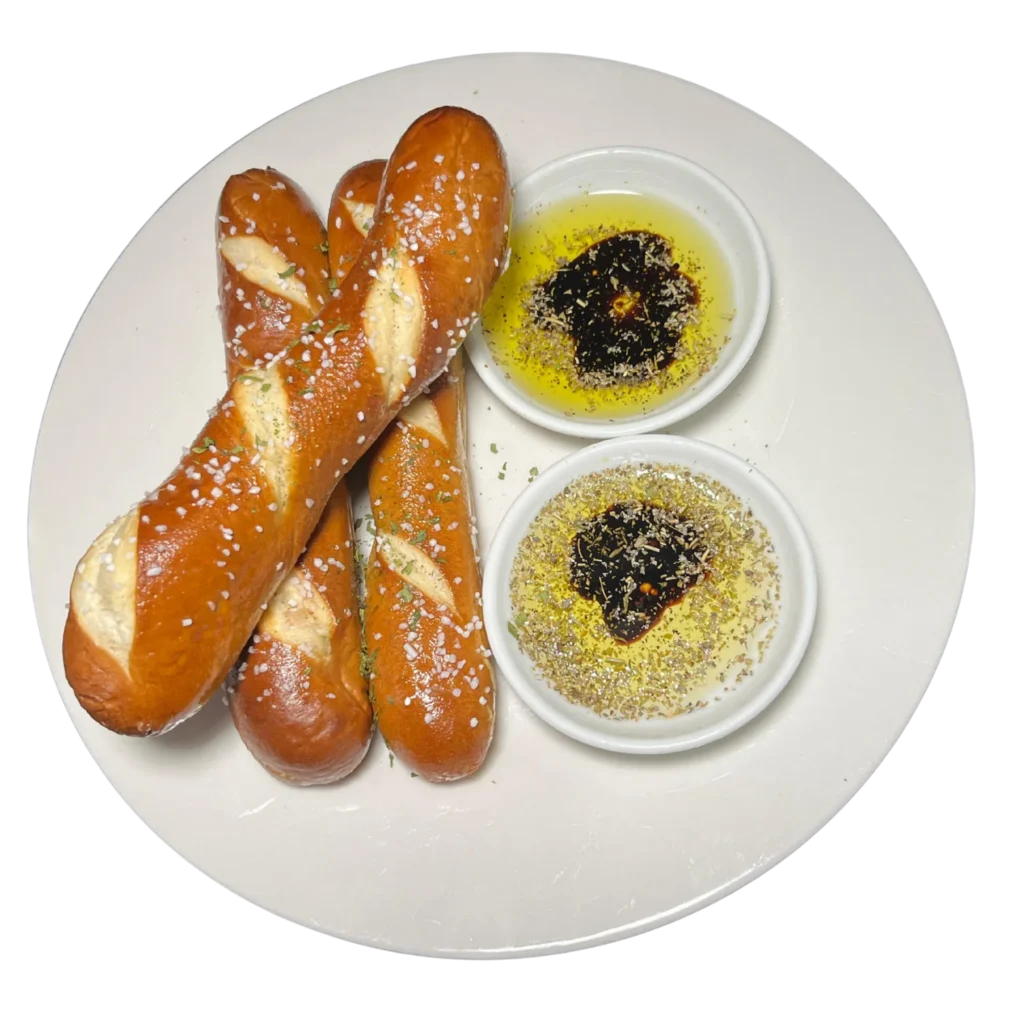 The Deer Creek Pairing Experience Deer Creek's Rustic Twists — warm soft pretzel rods with house dips and seasoning blends at Deer Creek Winery