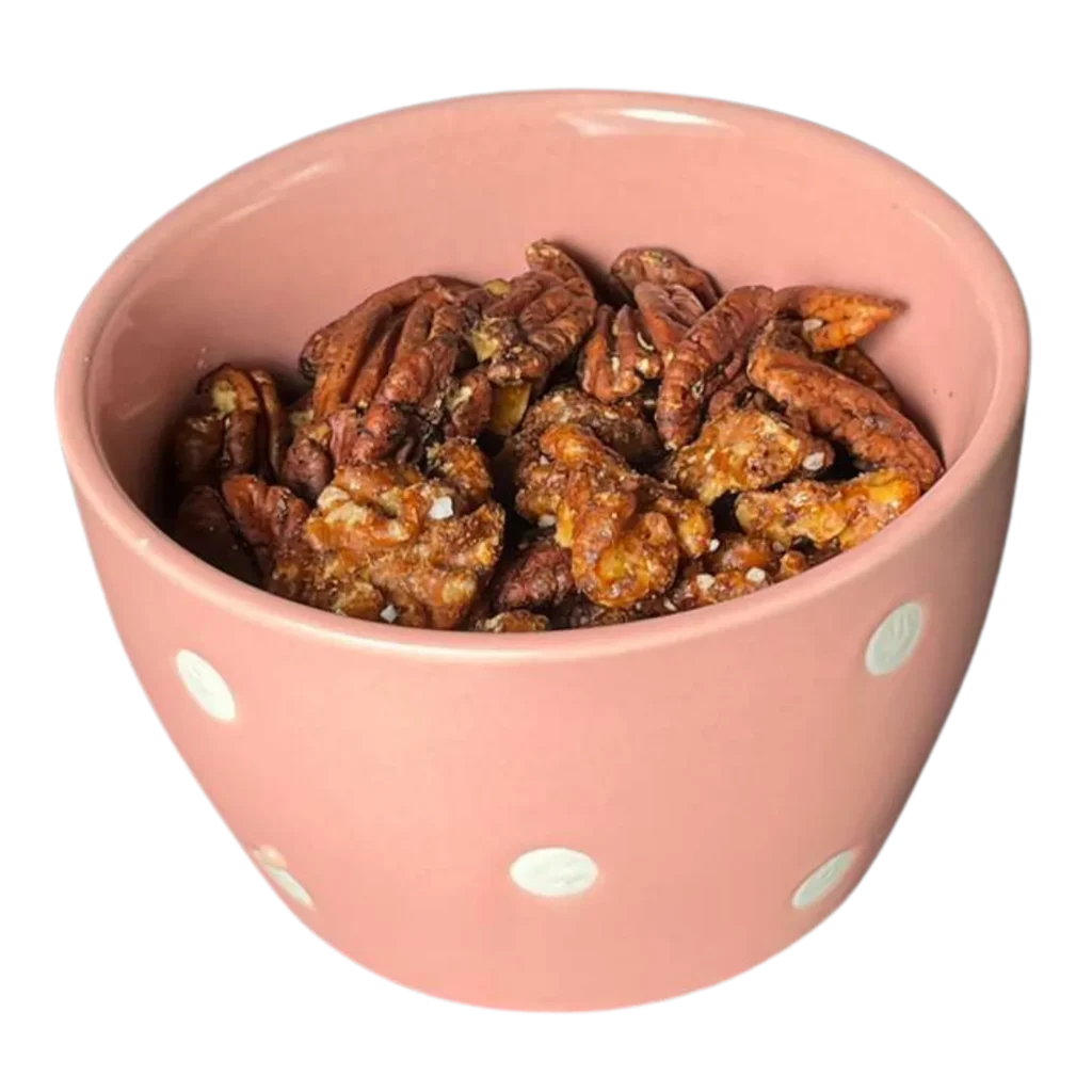The Deer Creek Pairing Experience Sweet & Savory Nut Duo — Seyval honey-glazed walnuts and Chambourcin savory pecans at Deer Creek Winery