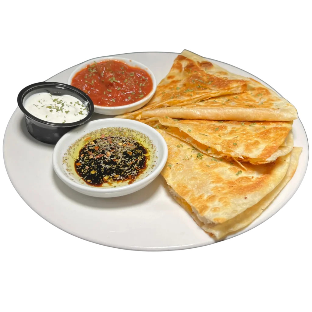 The Deer Creek Pairing Experience Winehouse Quesadilla with chicken and cheddar, brushed with Tuscan olive oil, at Deer Creek Winery Café