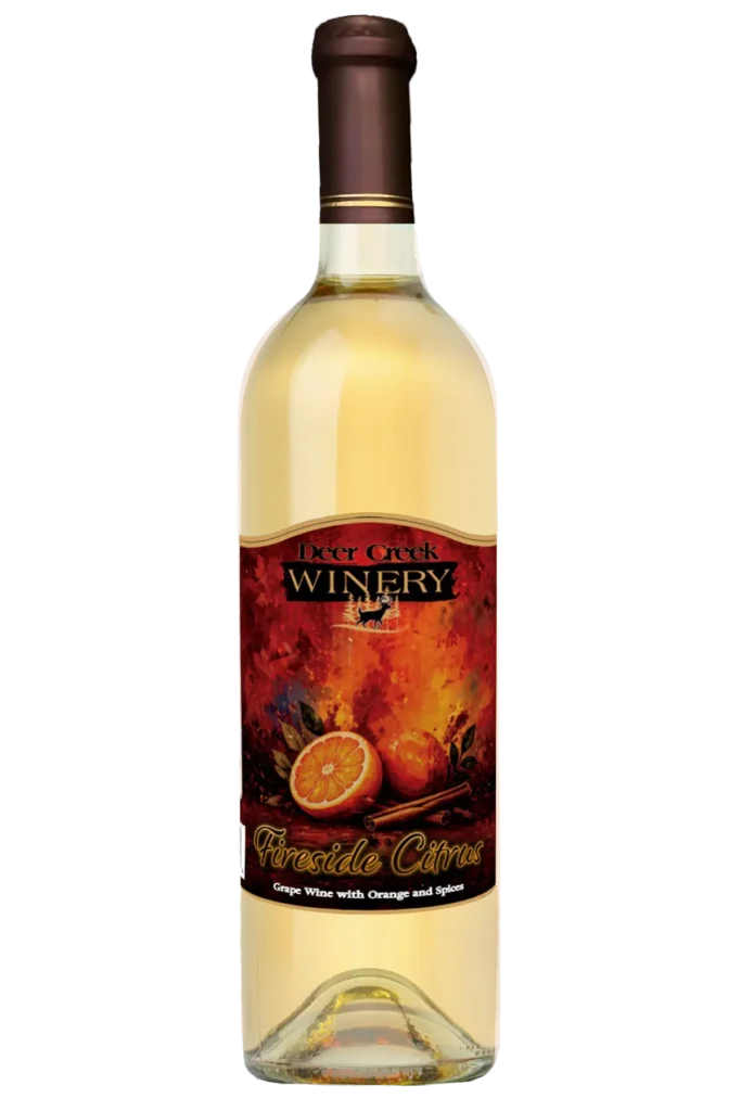Fireside Citrus sweet spiced orange Riesling wine bottle with cinnamon and ginger, Deer Creek Winery