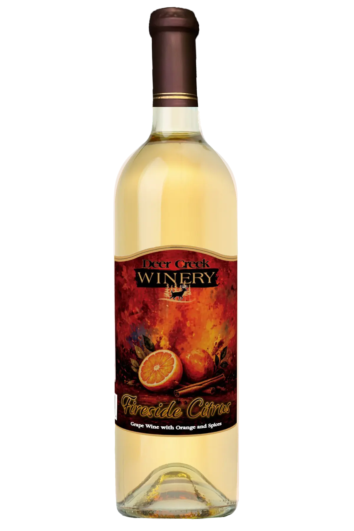 Fireside Citrus Fireside Citrus sweet spiced orange Riesling wine bottle with cinnamon and ginger, Deer Creek Winery