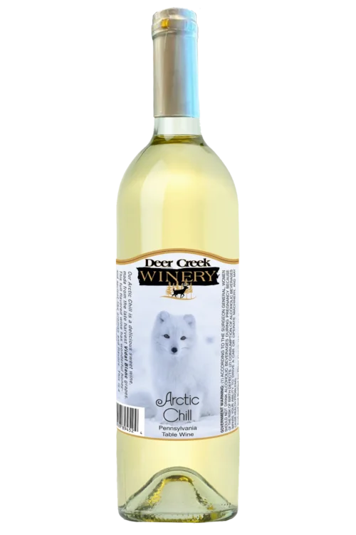 Arctic Chill sweet late-harvest Vidal Blanc dessert wine bottle with arctic fox label, Deer Creek Winery