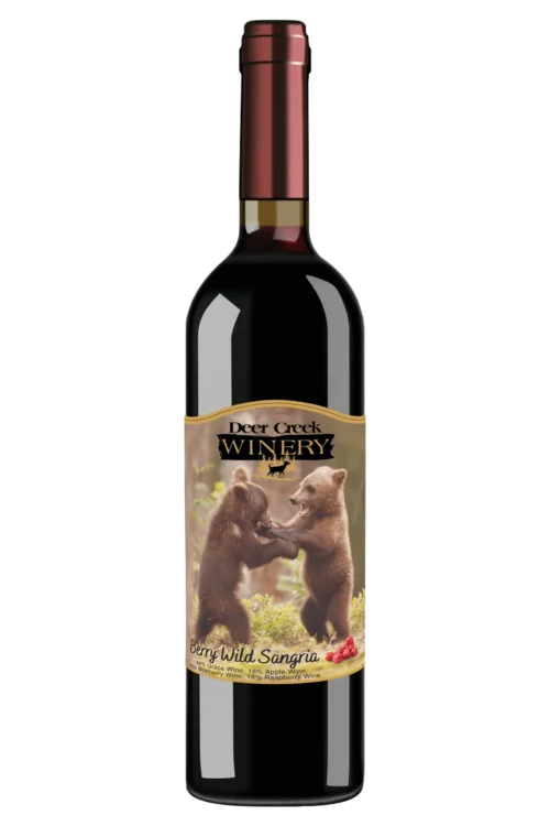 Berry Wild Sangria semi-sweet berry sangria wine bottle with two bear cubs label, Deer Creek Winery