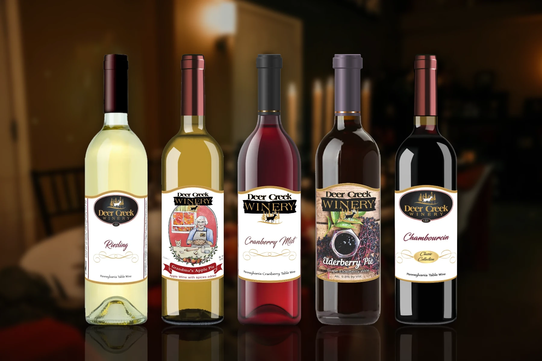 Deer Creek Winery Riesling, Grandma’s Apple Pie, Cranberry Mist, Elderberry Pie and Chambourcin wines for fall gatherings and holiday hosting